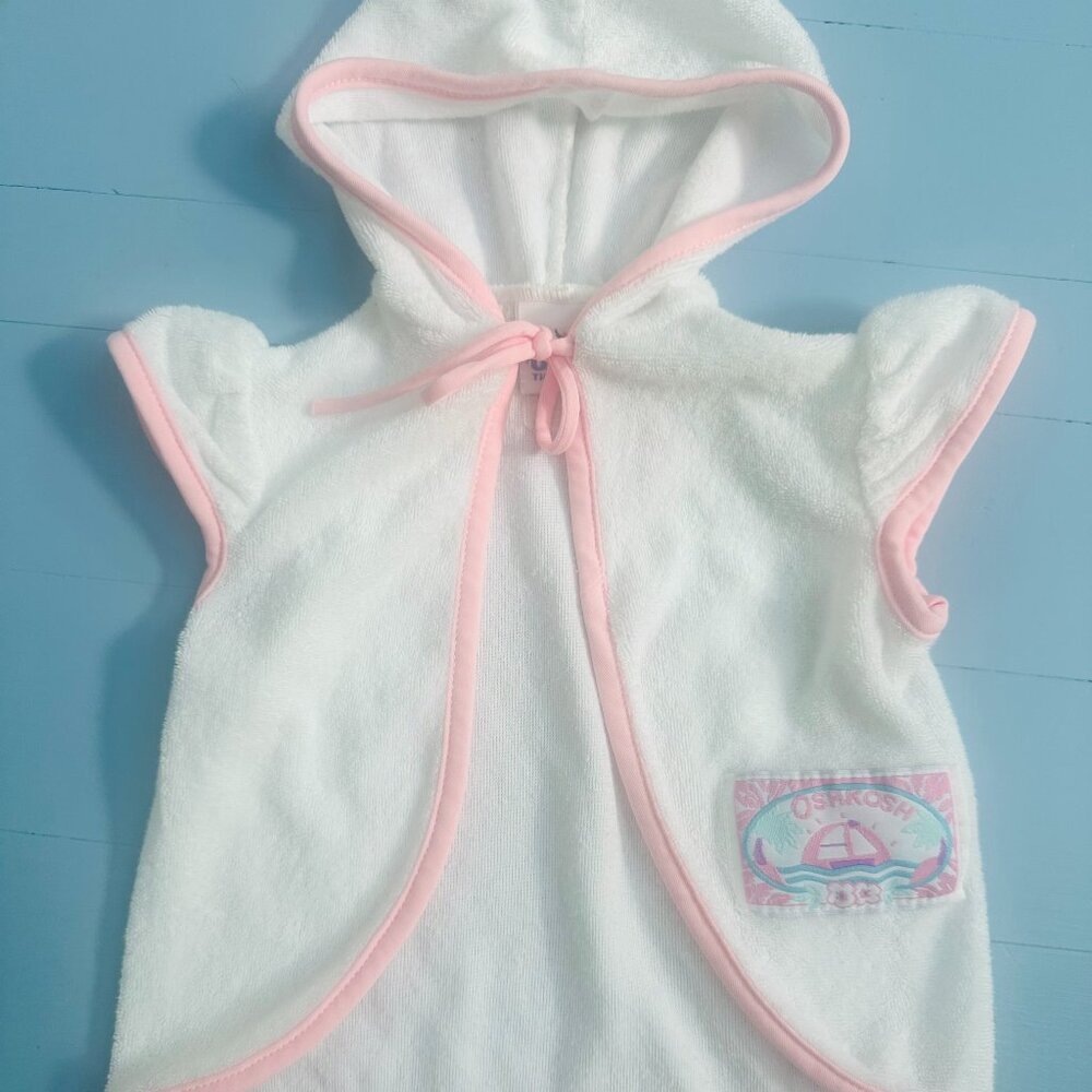 Vintage OshKosh Baby Girl Swim Cover-up, White Terry Cloth with Pink Trim, Hood